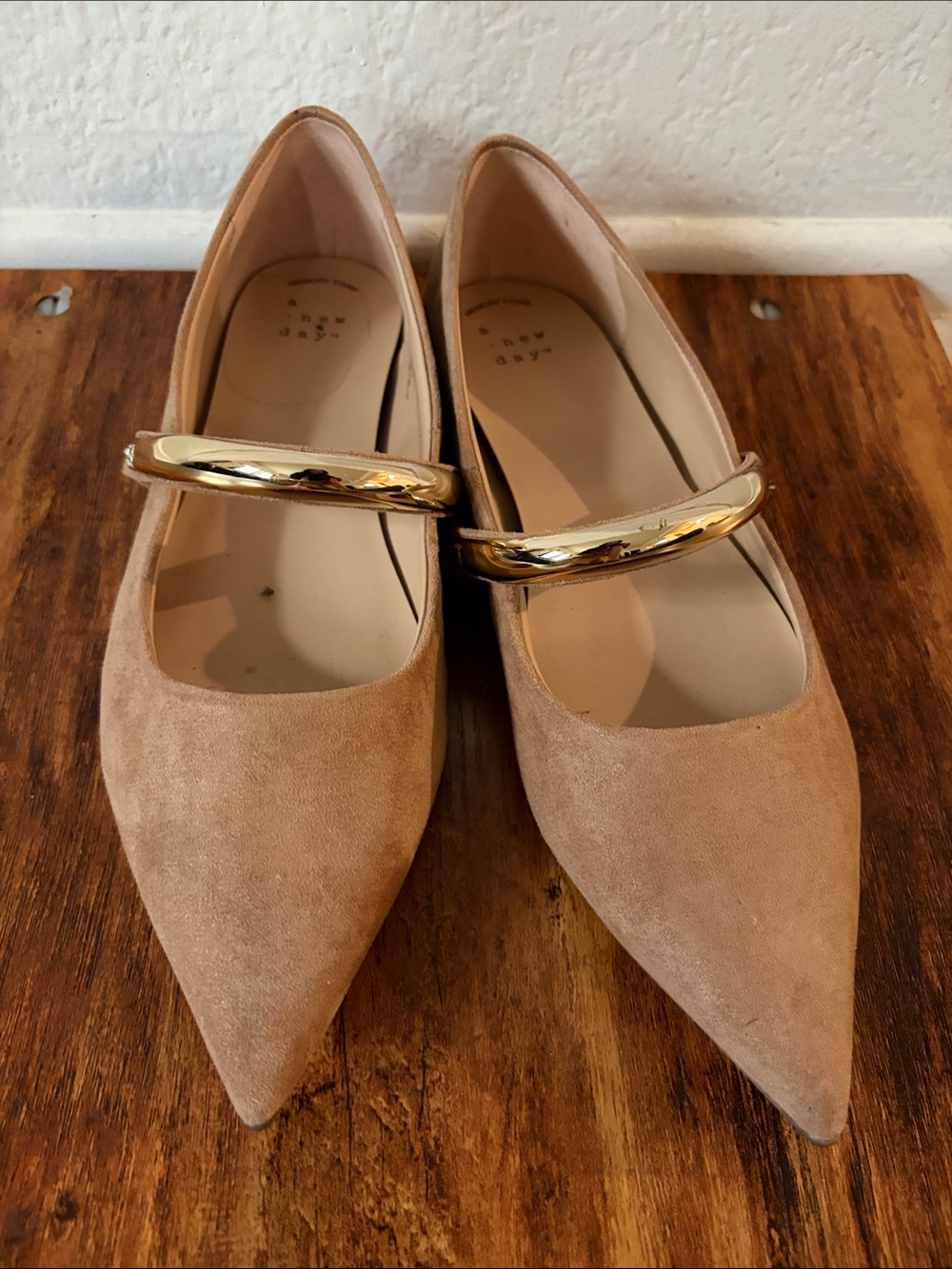 a new day Taupe Suede Pointed Mary Jane Flats with Gold Strap